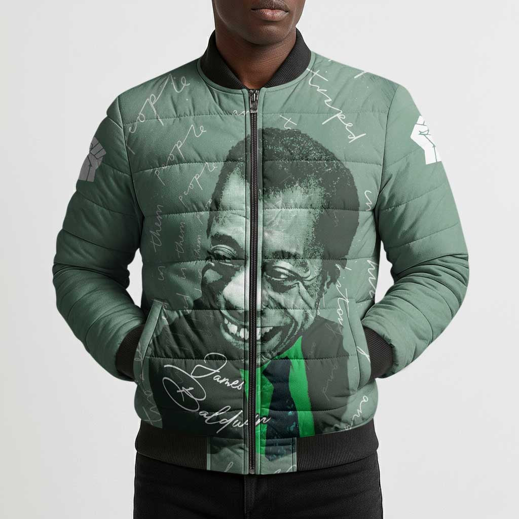 James Baldwin Bomber Puffer Jacket Green Handwritten Script Design Smiling Portrait Civil Rights and Literature - Wonder Print Shop