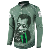 James Baldwin Button Sweatshirt Green Handwritten Script Design Smiling Portrait Civil Rights and Literature