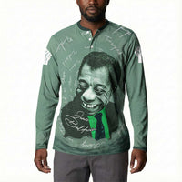 James Baldwin Button Sweatshirt Green Handwritten Script Design Smiling Portrait Civil Rights and Literature