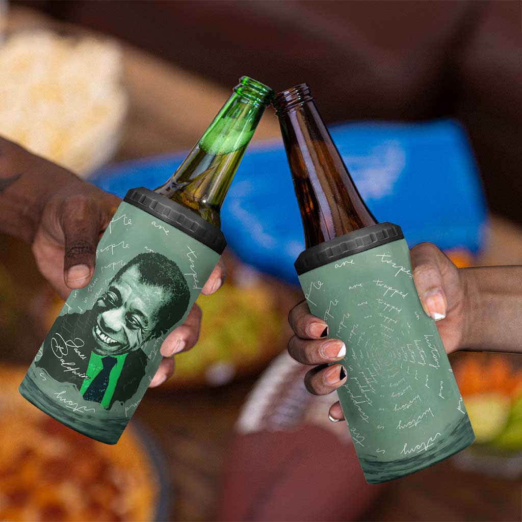 James Baldwin 4 in 1 Can Cooler Tumbler Green Handwritten Script Design Smiling Portrait Civil Rights and Literature - Wonder Print Shop
