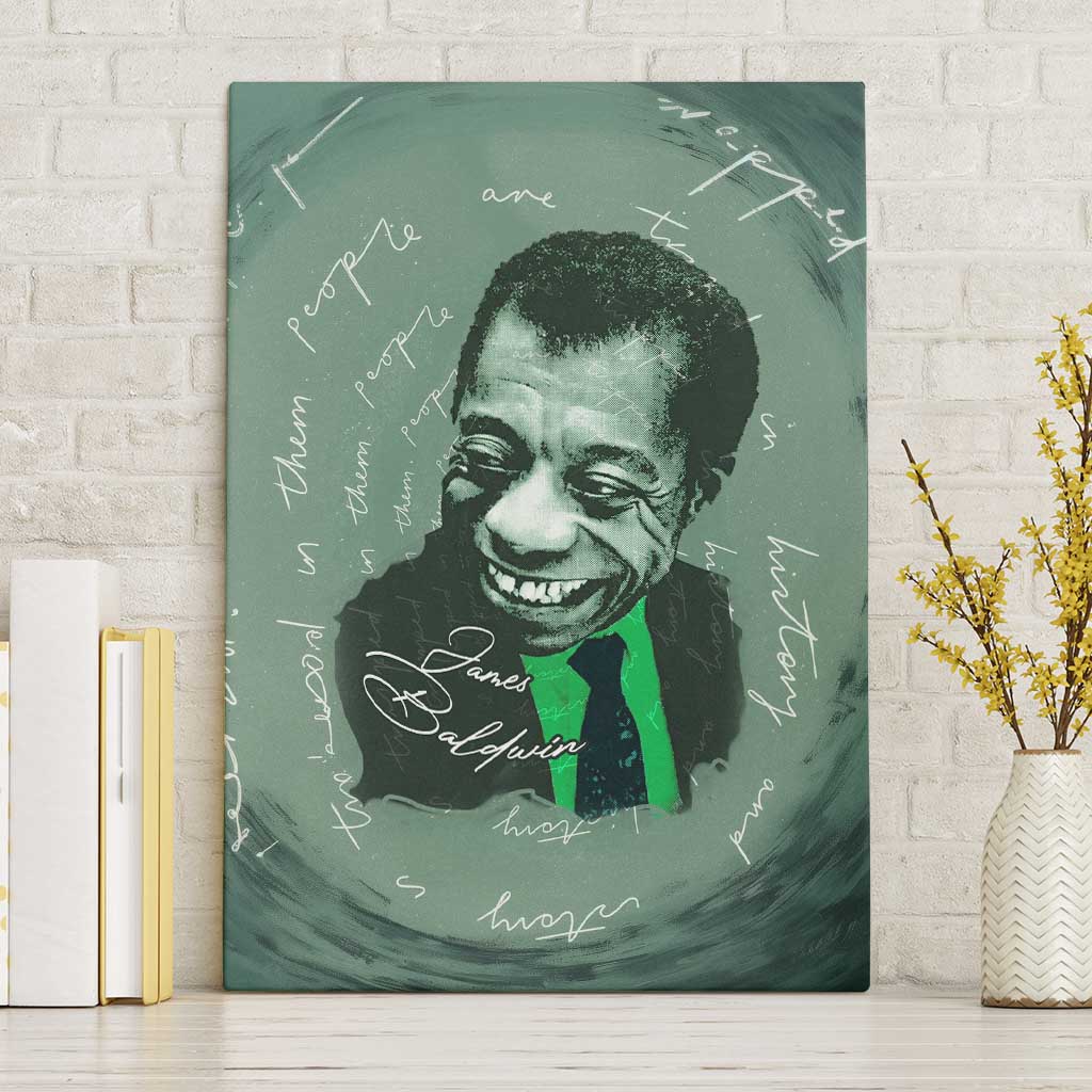 James Baldwin Canvas Wall Art Green Handwritten Script Design Smiling Portrait Civil Rights and Literature - Wonder Print Shop