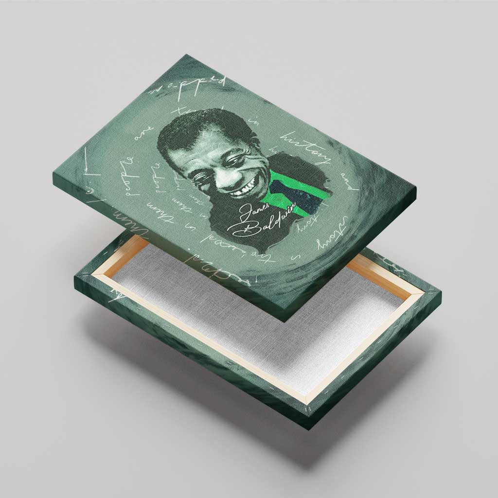 James Baldwin Canvas Wall Art Green Handwritten Script Design Smiling Portrait Civil Rights and Literature - Wonder Print Shop