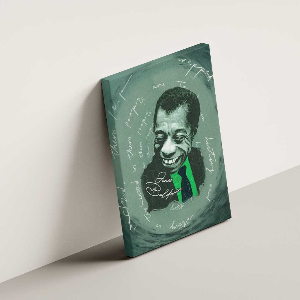James Baldwin Canvas Wall Art Green Handwritten Script Design Smiling Portrait Civil Rights and Literature - Wonder Print Shop