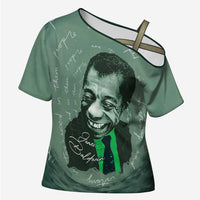 James Baldwin Cross Shoulder Shirt Green Handwritten Script Design Smiling Portrait Civil Rights and Literature - Wonder Print Shop