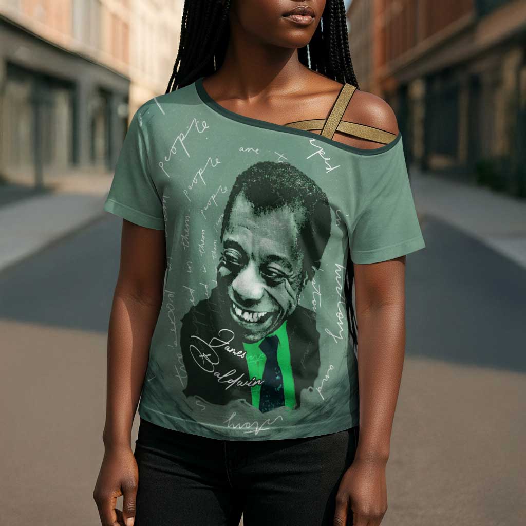 James Baldwin Cross Shoulder Shirt Green Handwritten Script Design Smiling Portrait Civil Rights and Literature - Wonder Print Shop