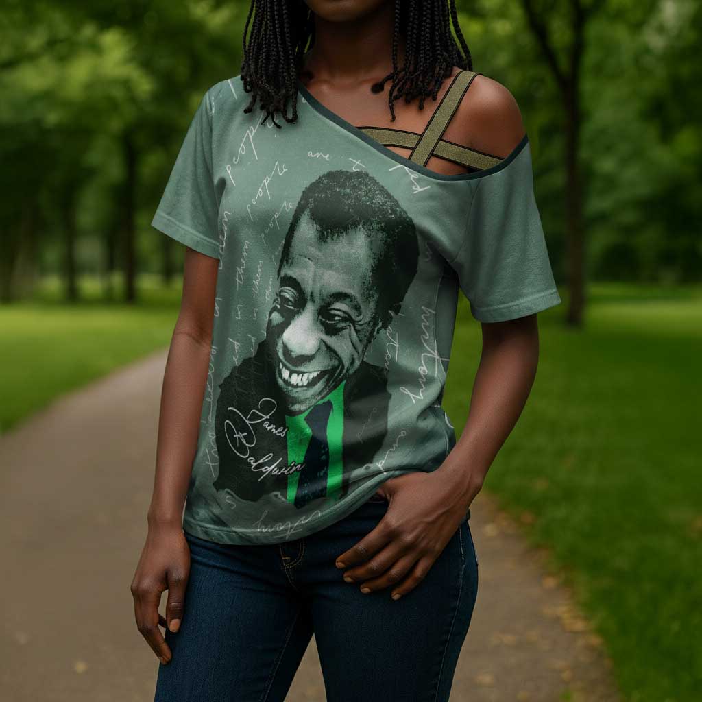James Baldwin Cross Shoulder Shirt Green Handwritten Script Design Smiling Portrait Civil Rights and Literature - Wonder Print Shop