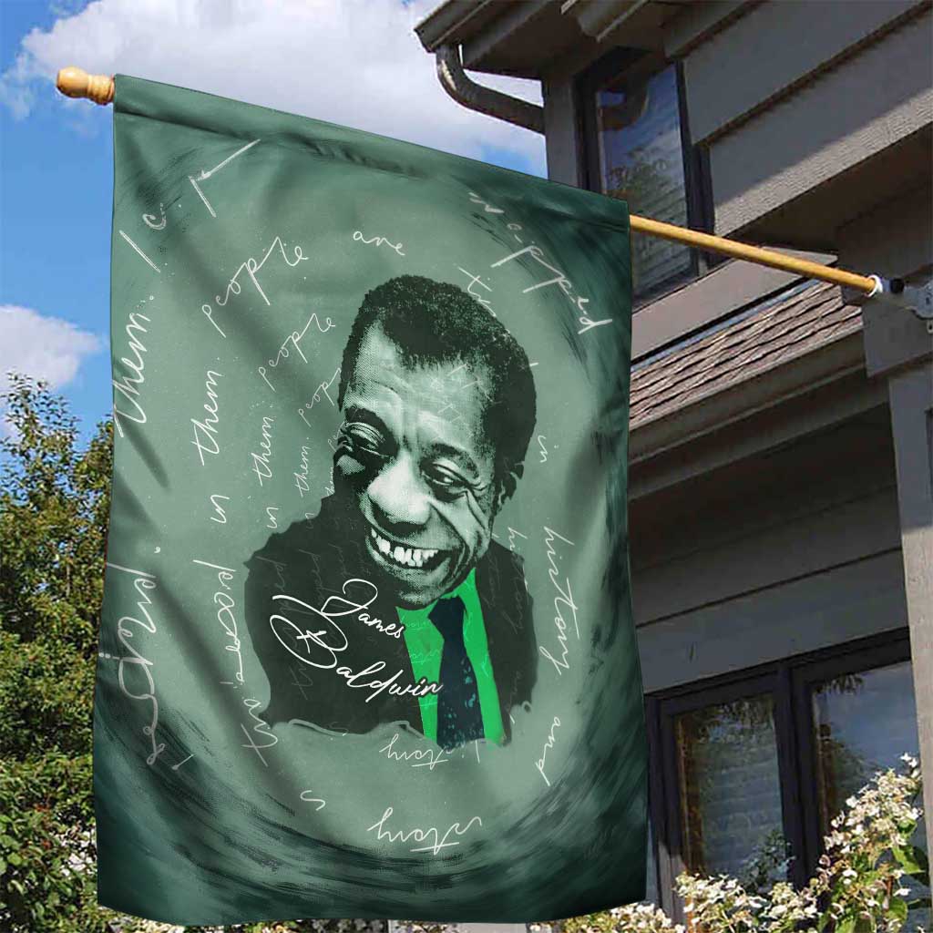 James Baldwin Garden Flag Green Handwritten Script Design Smiling Portrait Civil Rights and Literature - Wonder Print Shop