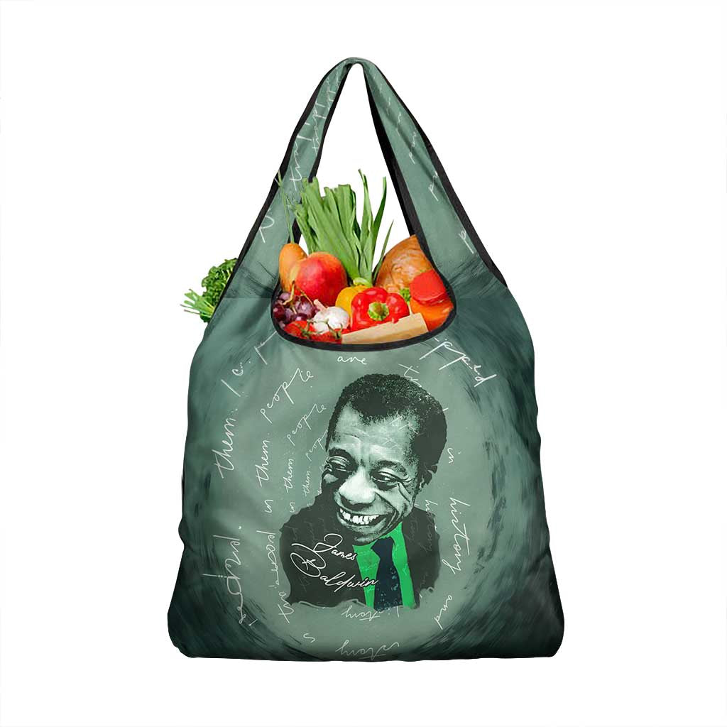 James Baldwin Grocery Bag Green Handwritten Script Design Smiling Portrait Civil Rights and Literature - Wonder Print Shop