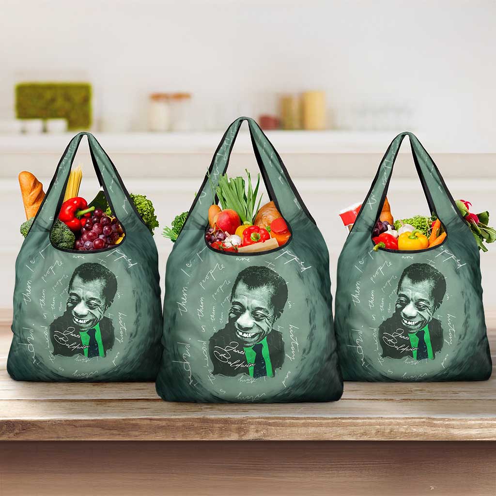 James Baldwin Grocery Bag Green Handwritten Script Design Smiling Portrait Civil Rights and Literature - Wonder Print Shop