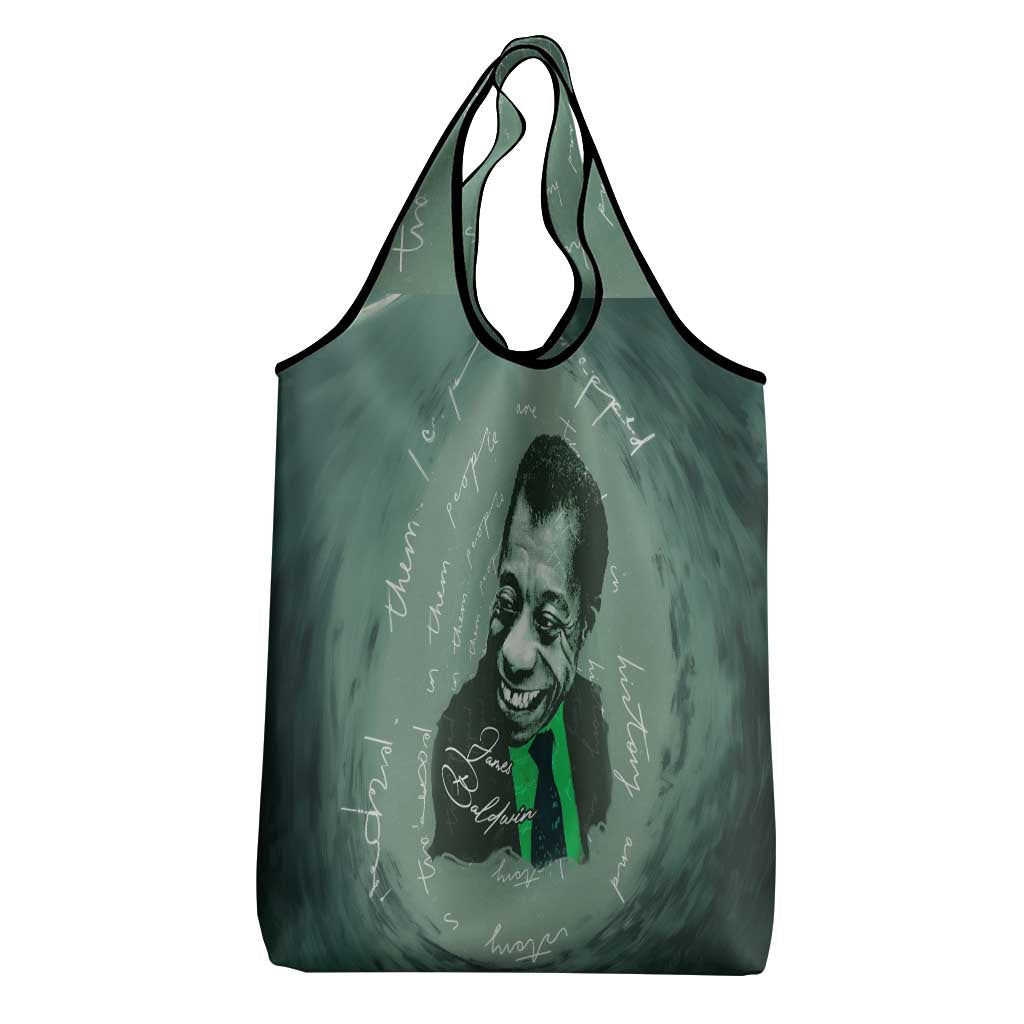 James Baldwin Grocery Bag Green Handwritten Script Design Smiling Portrait Civil Rights and Literature - Wonder Print Shop
