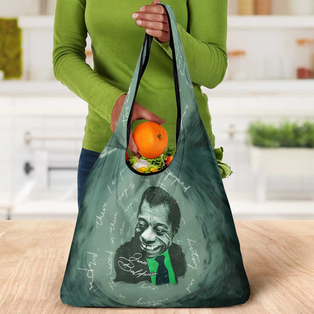 James Baldwin Grocery Bag Green Handwritten Script Design Smiling Portrait Civil Rights and Literature - Wonder Print Shop
