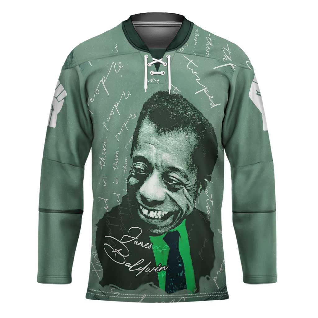 James Baldwin Hockey Jersey Green Handwritten Script Design Smiling Portrait Civil Rights and Literature - Wonder Print Shop