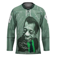 James Baldwin Hockey Jersey Green Handwritten Script Design Smiling Portrait Civil Rights and Literature - Wonder Print Shop