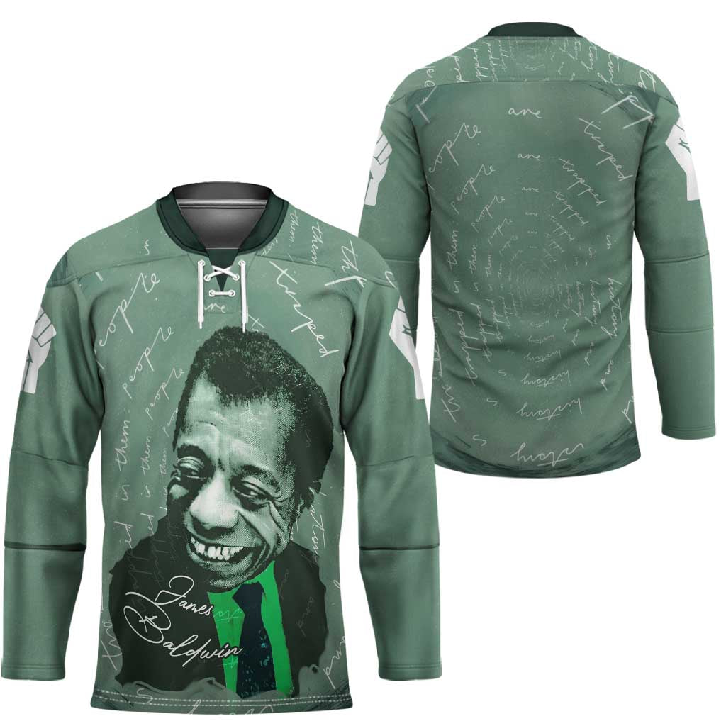 James Baldwin Hockey Jersey Green Handwritten Script Design Smiling Portrait Civil Rights and Literature - Wonder Print Shop