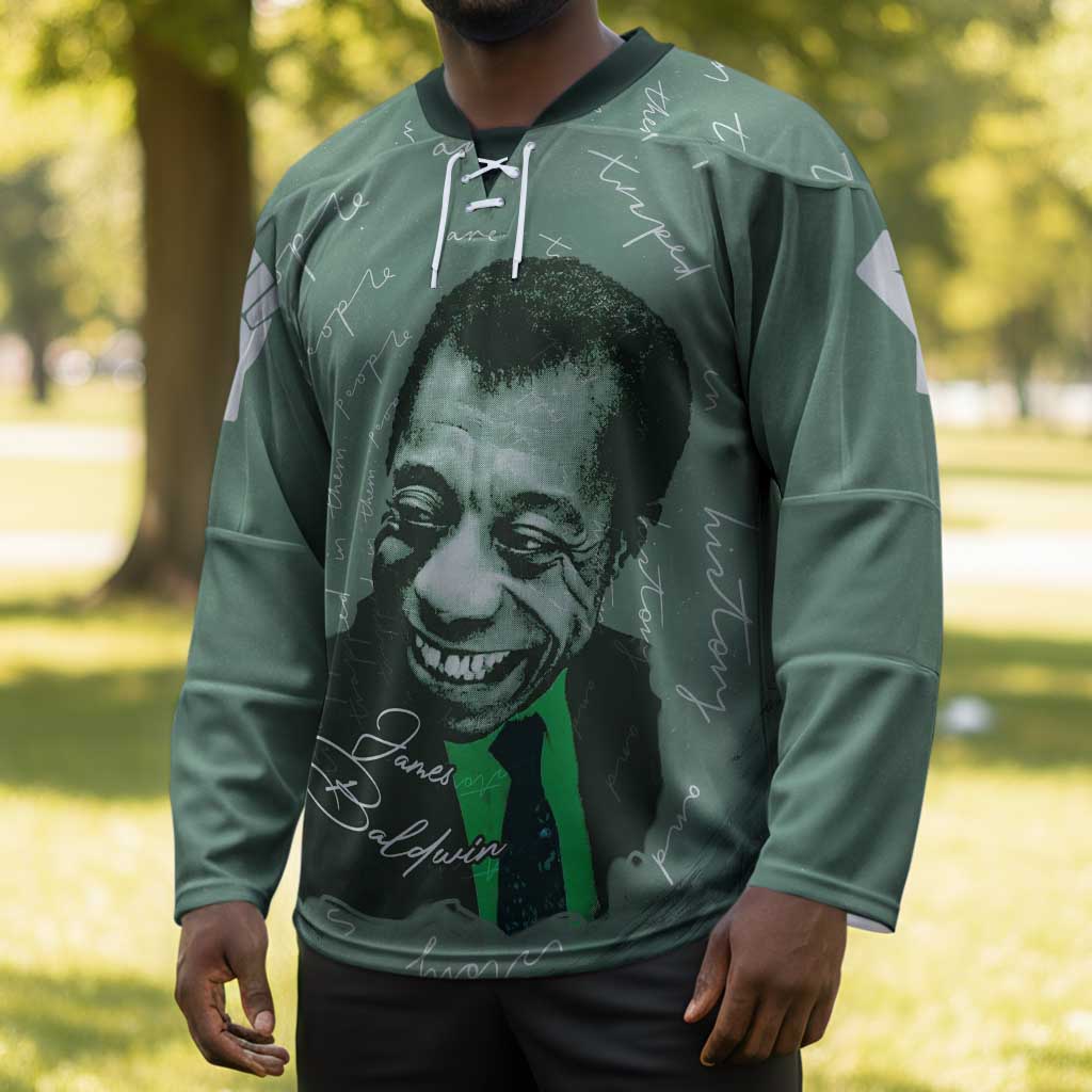 James Baldwin Hockey Jersey Green Handwritten Script Design Smiling Portrait Civil Rights and Literature - Wonder Print Shop