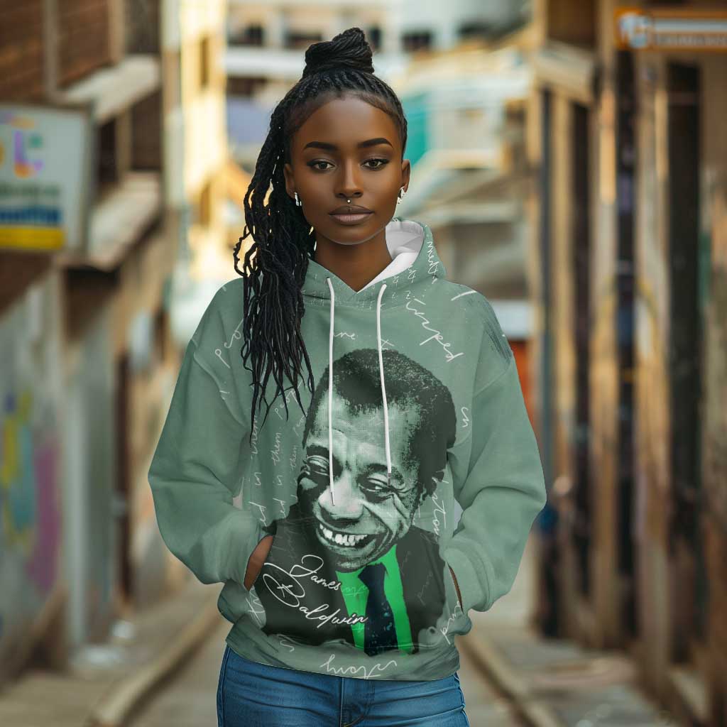 James Baldwin Hoodie Green Handwritten Script Design Smiling Portrait Civil Rights and Literature - Wonder Print Shop