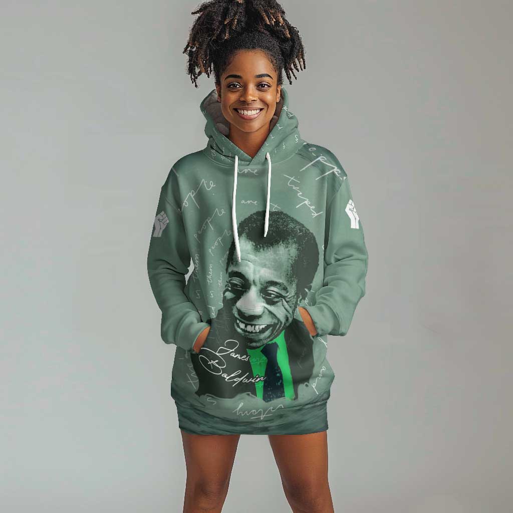 James Baldwin Hoodie Dress Green Handwritten Script Design Smiling Portrait Civil Rights and Literature - Wonder Print Shop