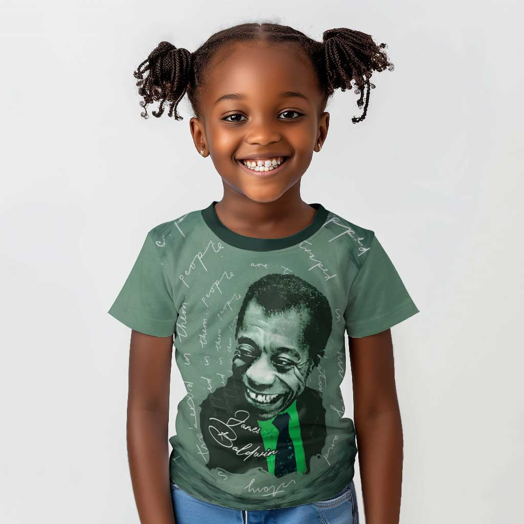 James Baldwin Kid T shirt Green Handwritten Script Design Smiling Portrait Civil Rights and Literature TS04