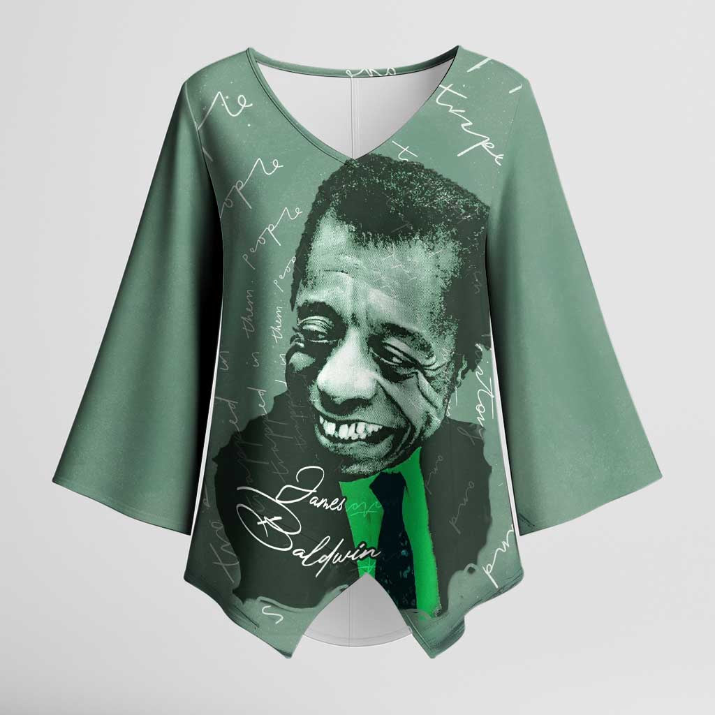 James Baldwin Kimono Sleeve Blouse Green Handwritten Script Design Smiling Portrait Civil Rights and Literature - Wonder Print Shop