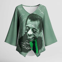 James Baldwin Kimono Sleeve Blouse Green Handwritten Script Design Smiling Portrait Civil Rights and Literature - Wonder Print Shop