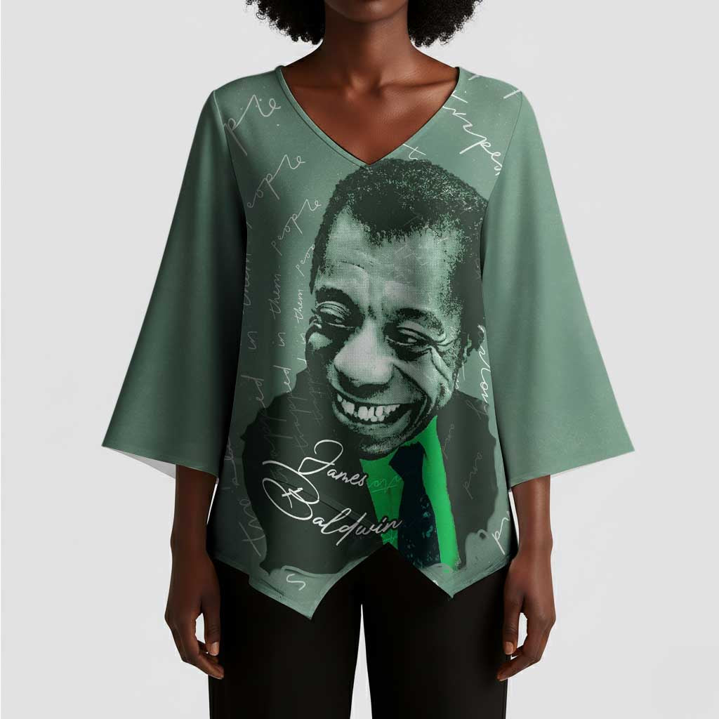 James Baldwin Kimono Sleeve Blouse Green Handwritten Script Design Smiling Portrait Civil Rights and Literature - Wonder Print Shop