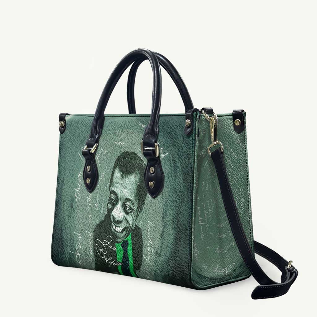 James Baldwin Leather Bag Green Handwritten Script Design Smiling Portrait Civil Rights and Literature - Wonder Print Shop
