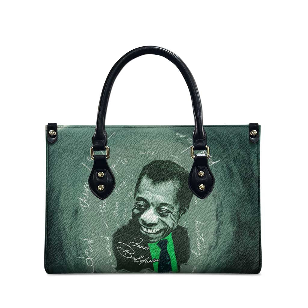 James Baldwin Leather Bag Green Handwritten Script Design Smiling Portrait Civil Rights and Literature - Wonder Print Shop