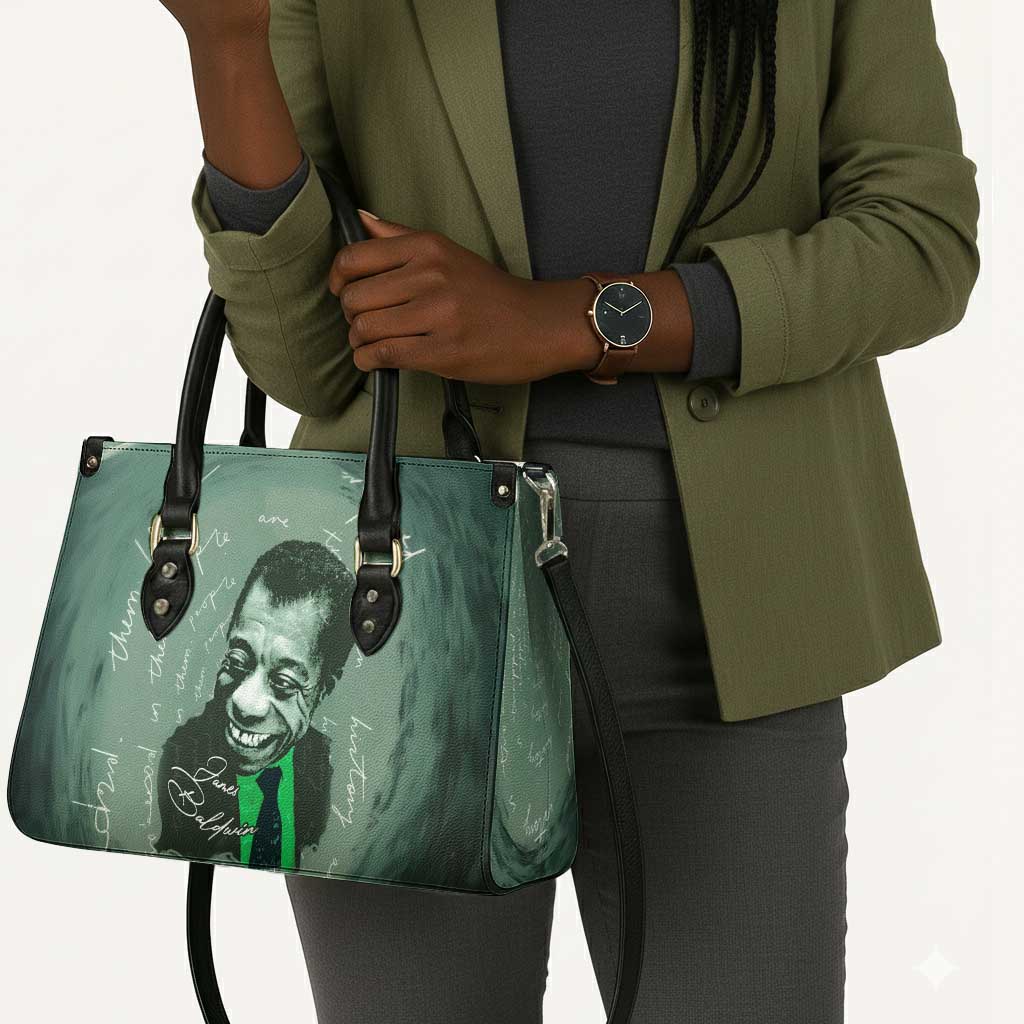 James Baldwin Leather Bag Green Handwritten Script Design Smiling Portrait Civil Rights and Literature - Wonder Print Shop