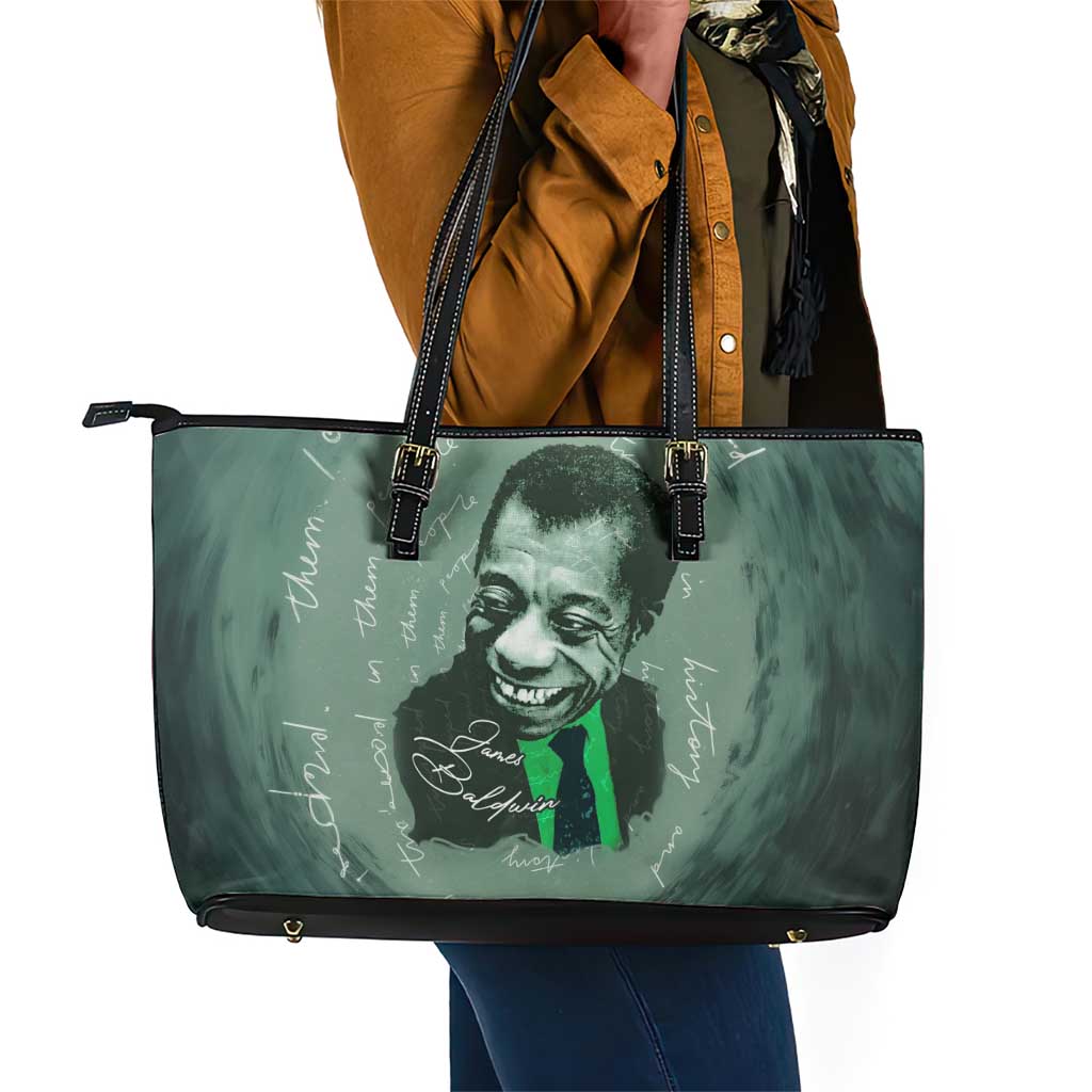 James Baldwin Leather Tote Bag Green Handwritten Script Design Smiling Portrait Civil Rights and Literature - Wonder Print Shop