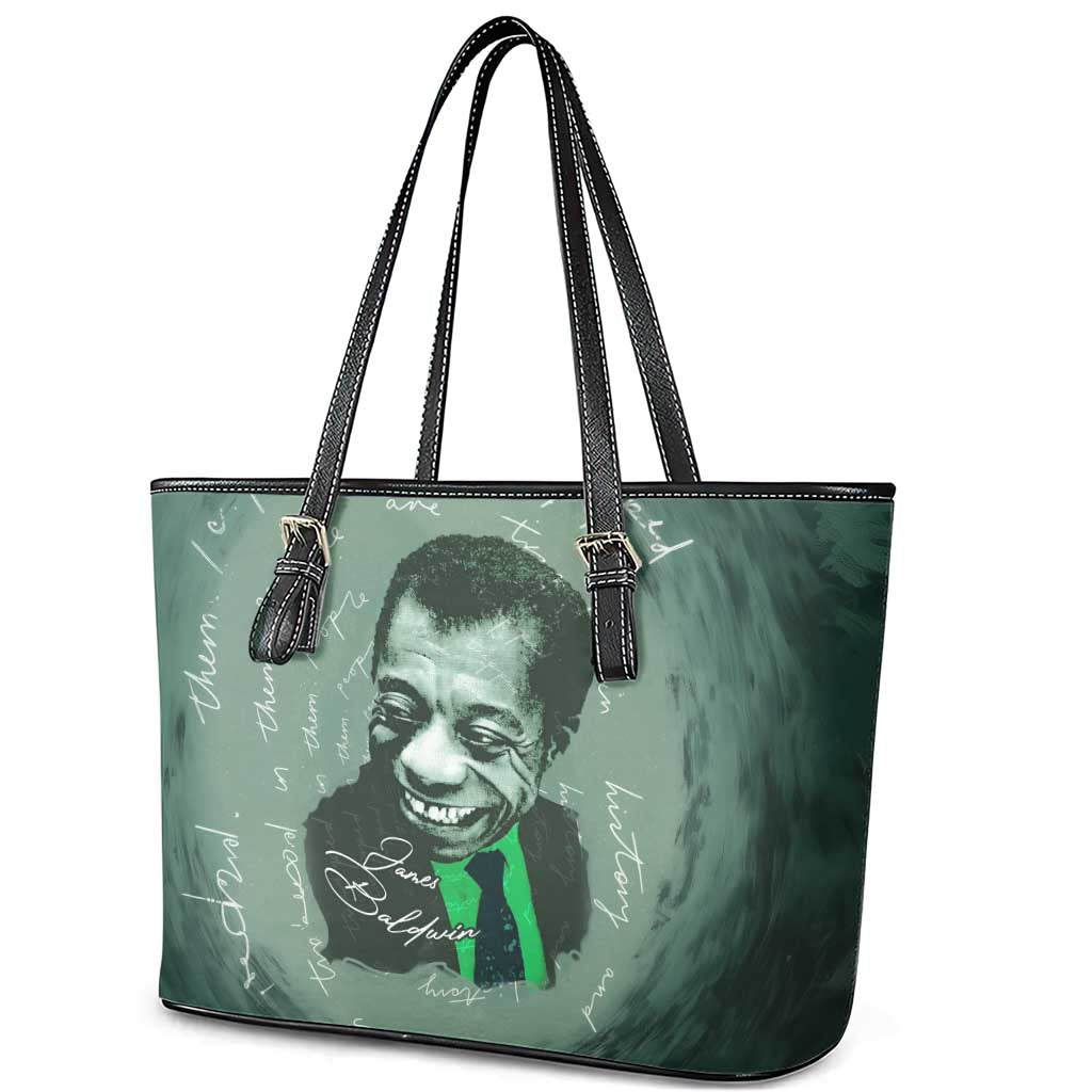 James Baldwin Leather Tote Bag Green Handwritten Script Design Smiling Portrait Civil Rights and Literature - Wonder Print Shop