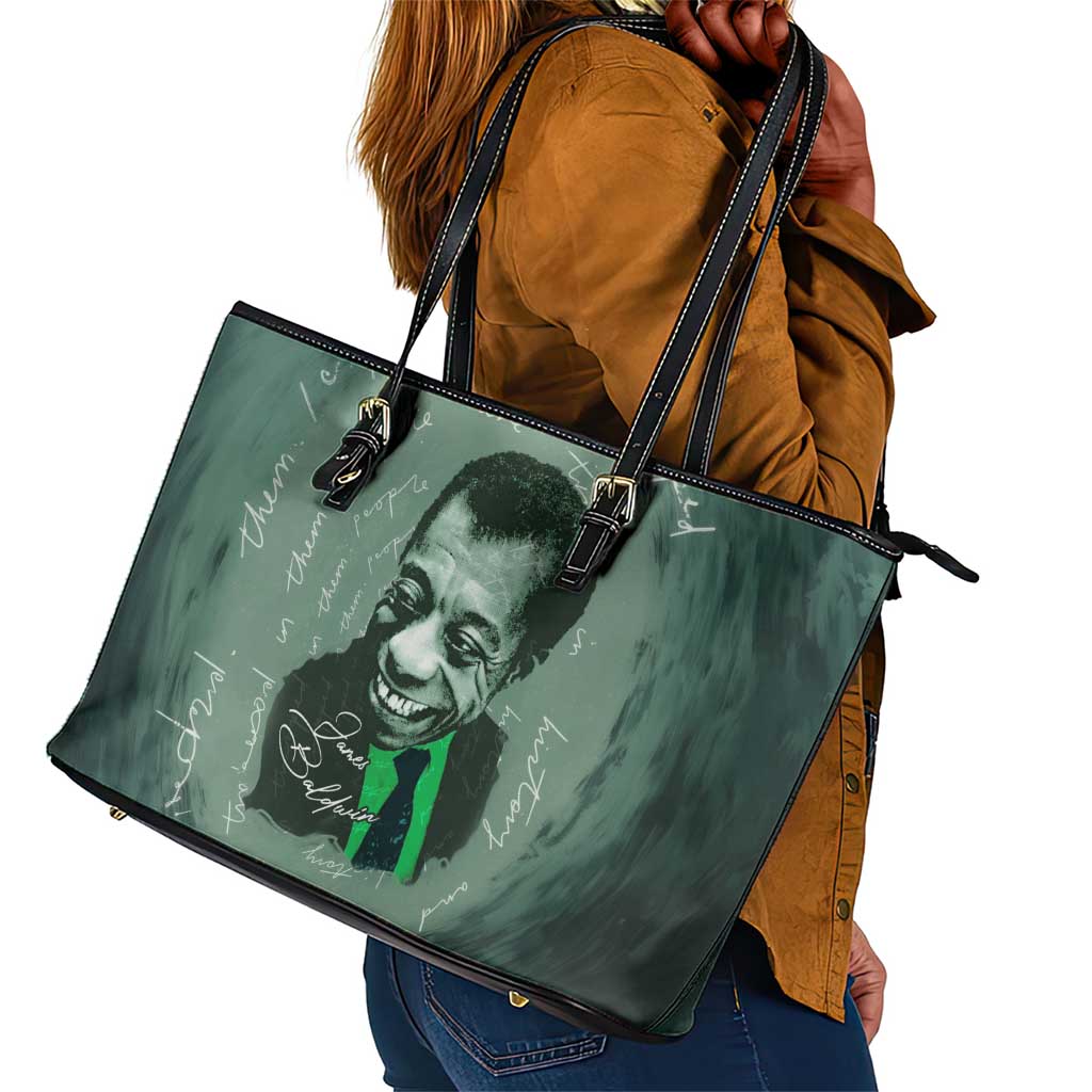 James Baldwin Leather Tote Bag Green Handwritten Script Design Smiling Portrait Civil Rights and Literature - Wonder Print Shop