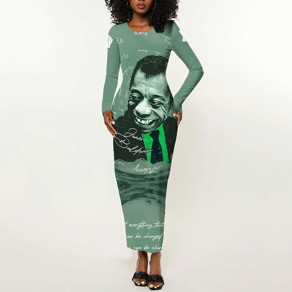 James Baldwin Long Sleeve Bodycon Dress Green Handwritten Script Design Smiling Portrait Civil Rights and Literature - Wonder Print Shop