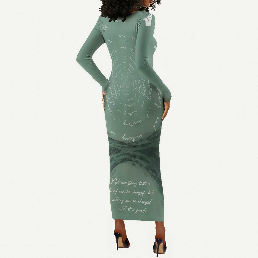 James Baldwin Long Sleeve Bodycon Dress Green Handwritten Script Design Smiling Portrait Civil Rights and Literature - Wonder Print Shop