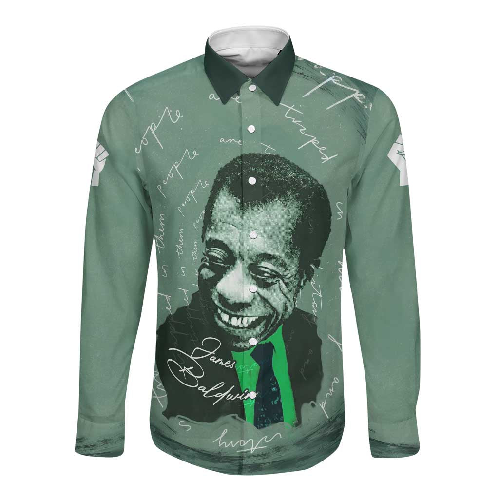 James Baldwin Long Sleeve Button Shirt Green Handwritten Script Design Smiling Portrait Civil Rights and Literature - Wonder Print Shop