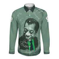 James Baldwin Long Sleeve Button Shirt Green Handwritten Script Design Smiling Portrait Civil Rights and Literature - Wonder Print Shop