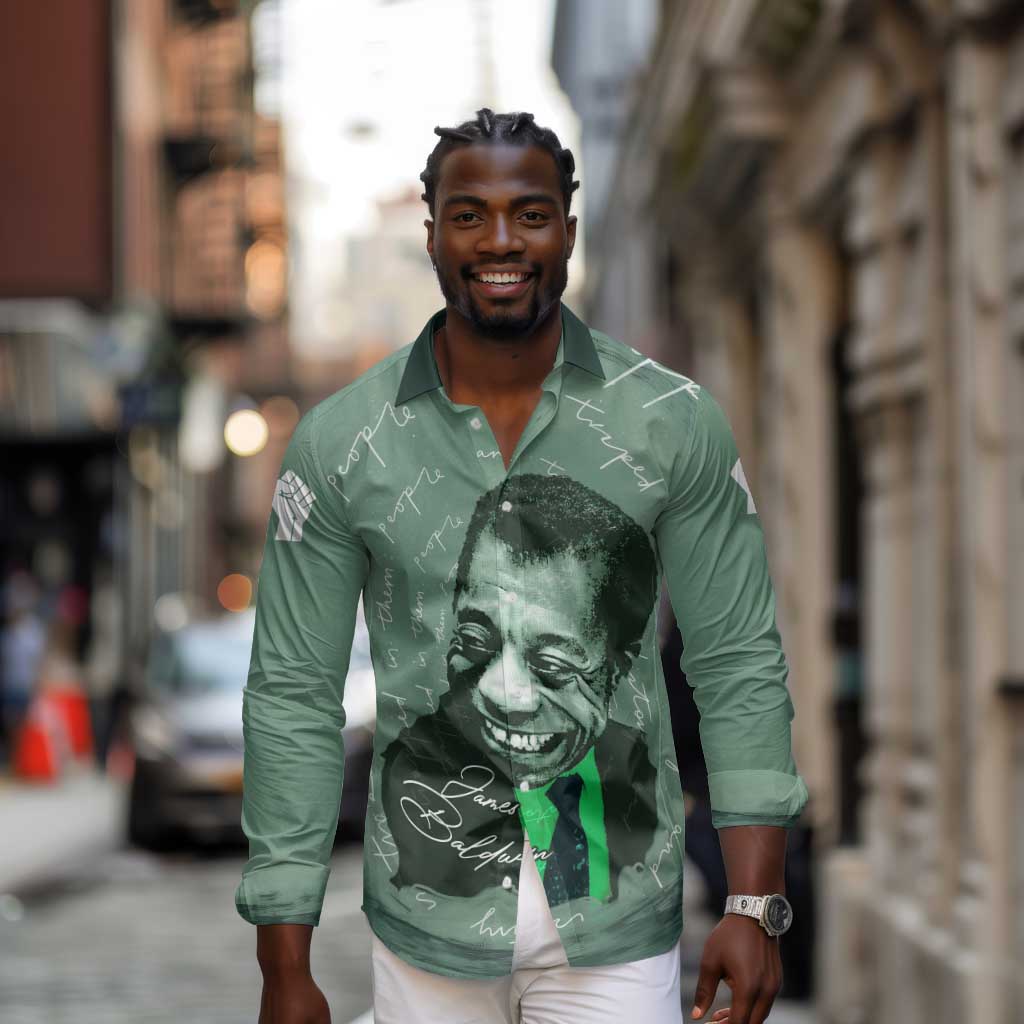 James Baldwin Long Sleeve Button Shirt Green Handwritten Script Design Smiling Portrait Civil Rights and Literature - Wonder Print Shop