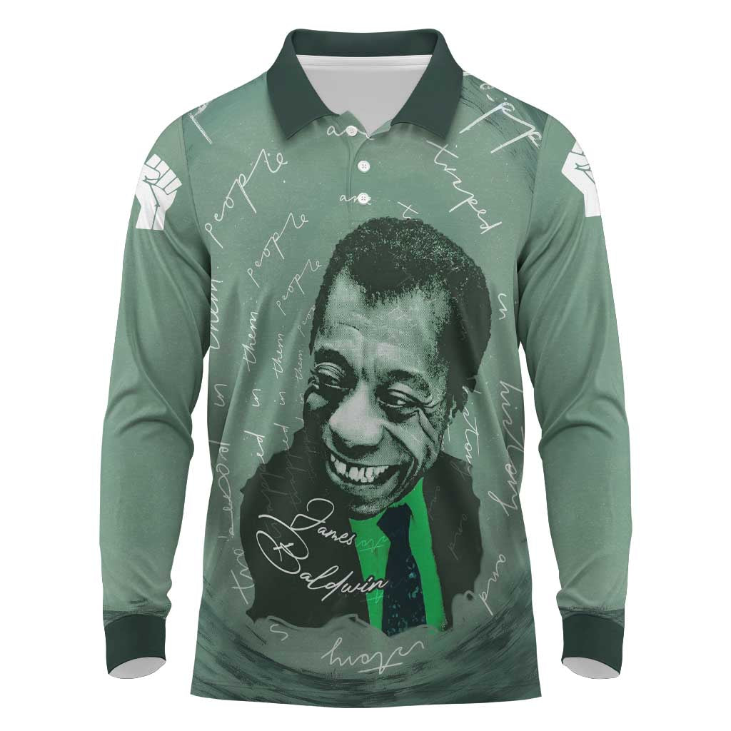James Baldwin Long Sleeve Polo Shirt Green Handwritten Script Design Smiling Portrait Civil Rights and Literature - Wonder Print Shop