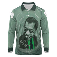 James Baldwin Long Sleeve Polo Shirt Green Handwritten Script Design Smiling Portrait Civil Rights and Literature - Wonder Print Shop