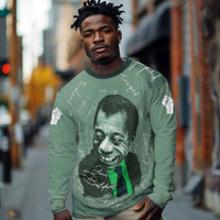 James Baldwin Long Sleeve Shirt Green Handwritten Script Design Smiling Portrait Civil Rights and Literature - Wonder Print Shop