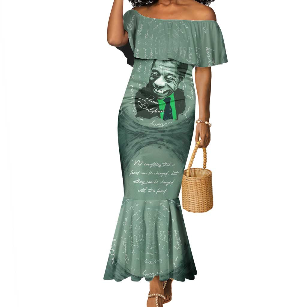 James Baldwin Mermaid Dress Green Handwritten Script Design Smiling Portrait Civil Rights and Literature TS04