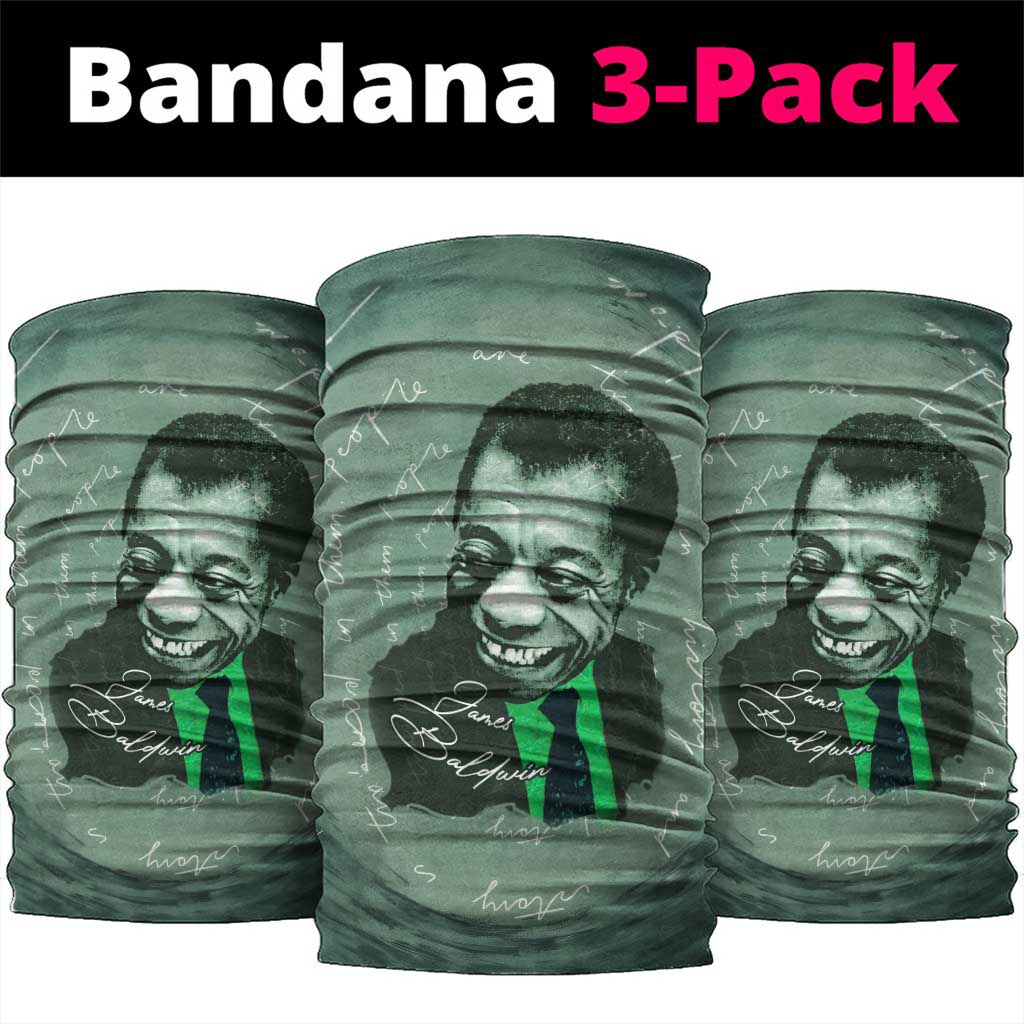 James Baldwin Neck Gaiter Green Handwritten Script Design Smiling Portrait Civil Rights and Literature - Wonder Print Shop