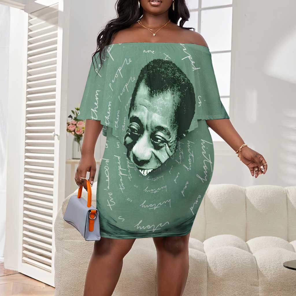 James Baldwin Off Shoulder Short Dress Green Handwritten Script Design Smiling Portrait Civil Rights and Literature - Wonder Print Shop