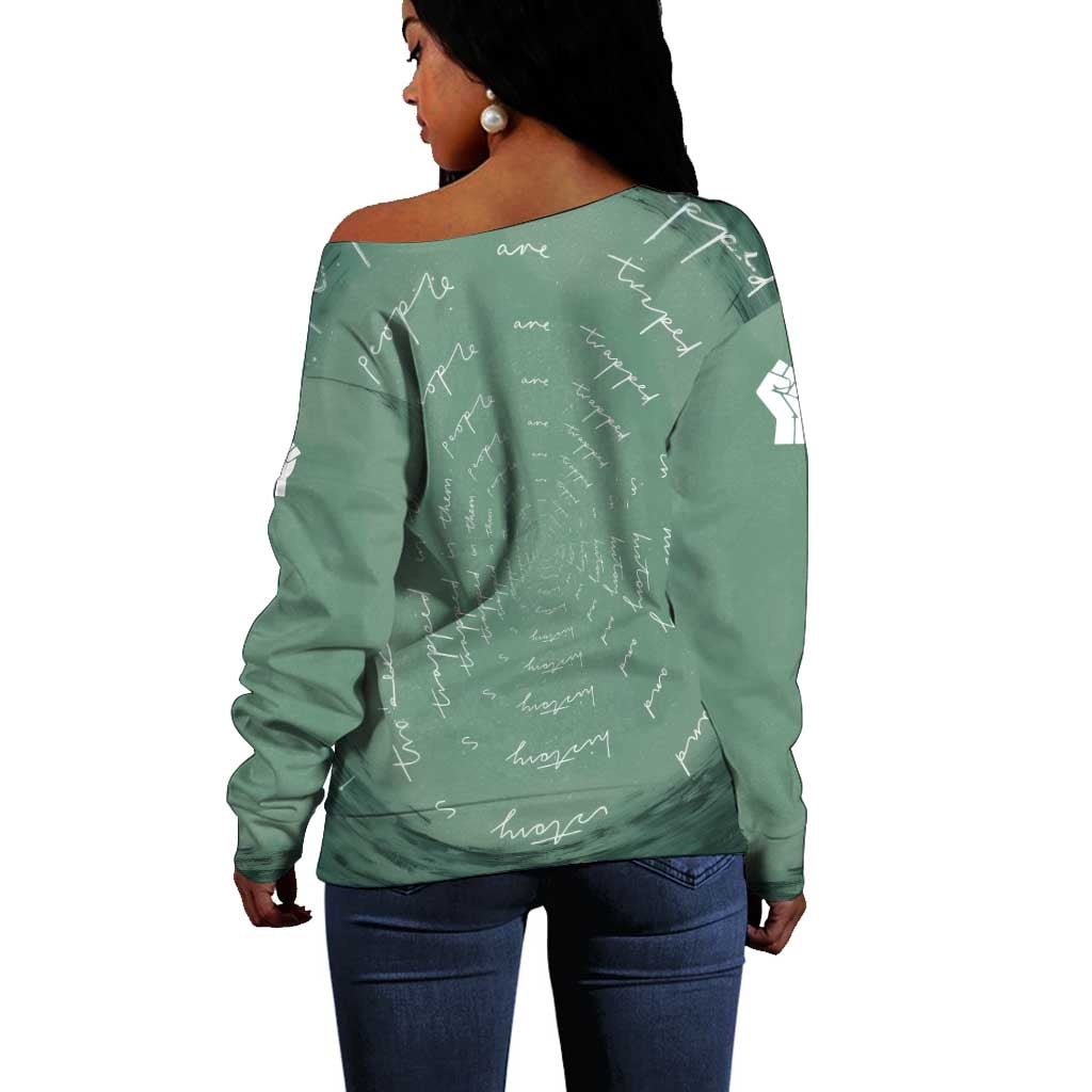 James Baldwin Off Shoulder Sweater Green Handwritten Script Design Smiling Portrait Civil Rights and Literature - Wonder Print Shop