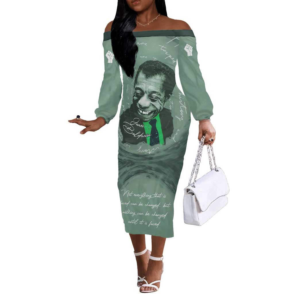 James Baldwin Off The Shoulder Long Sleeve Dress Green Handwritten Script Design Smiling Portrait Civil Rights and Literature - Wonder Print Shop