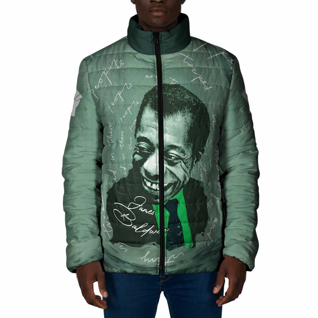 James Baldwin Padded Jacket Green Handwritten Script Design Smiling Portrait Civil Rights and Literature - Wonder Print Shop