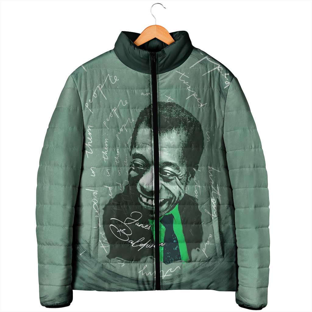 James Baldwin Padded Jacket Green Handwritten Script Design Smiling Portrait Civil Rights and Literature - Wonder Print Shop