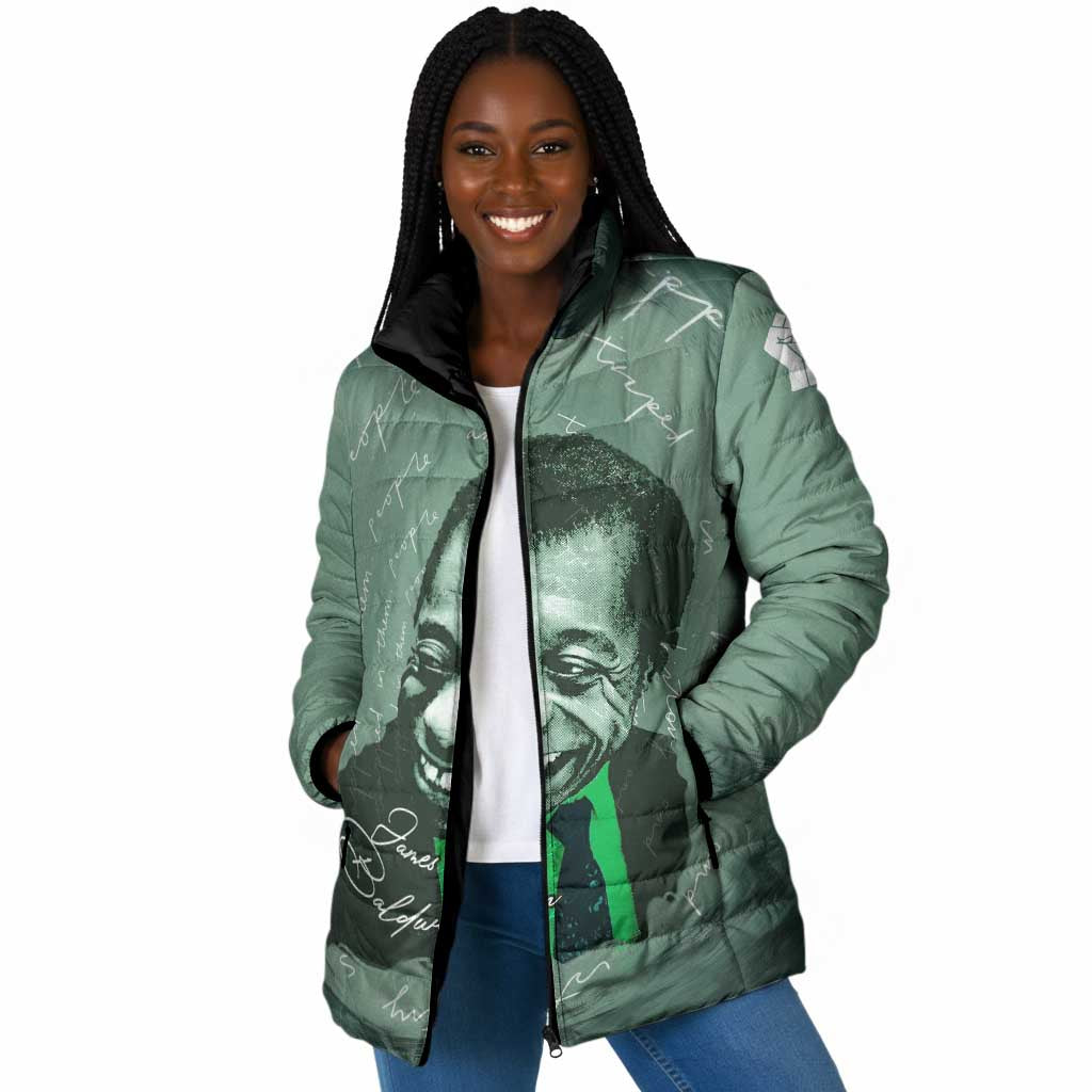 James Baldwin Padded Jacket Green Handwritten Script Design Smiling Portrait Civil Rights and Literature - Wonder Print Shop