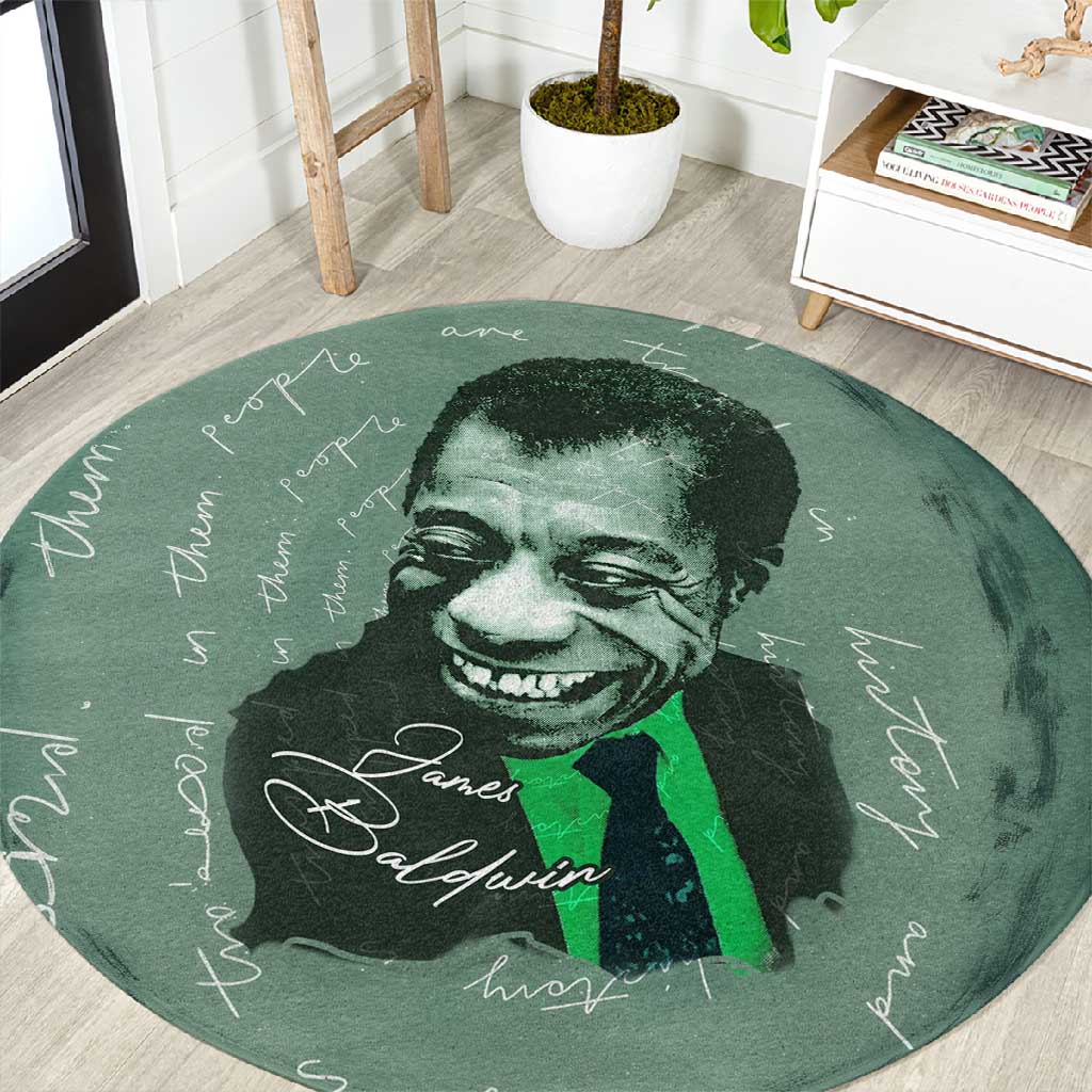 James Baldwin Round Carpet Green Handwritten Script Design Smiling Portrait Civil Rights and Literature - Wonder Print Shop