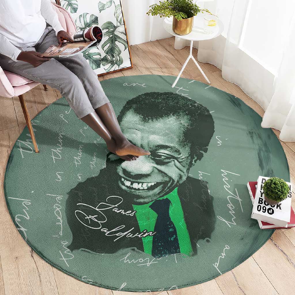 James Baldwin Round Carpet Green Handwritten Script Design Smiling Portrait Civil Rights and Literature - Wonder Print Shop