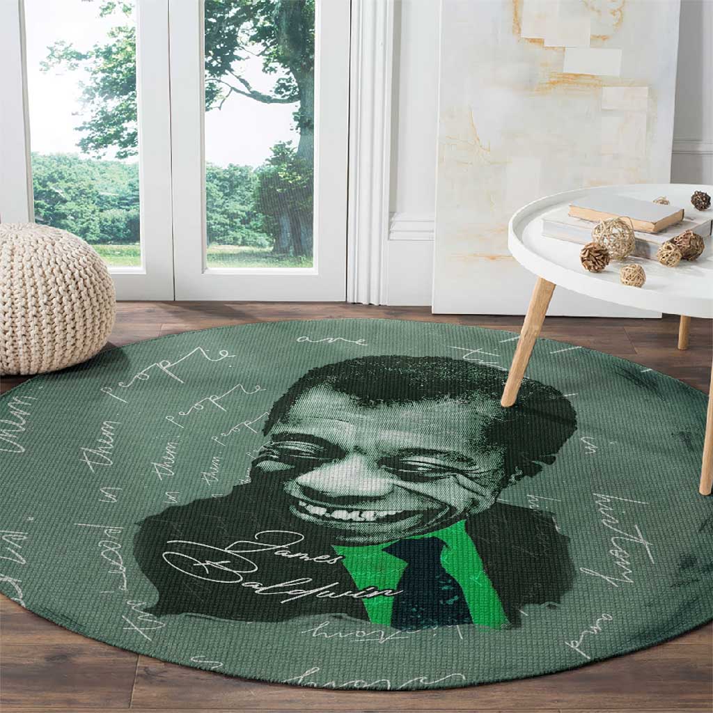 James Baldwin Round Carpet Green Handwritten Script Design Smiling Portrait Civil Rights and Literature - Wonder Print Shop